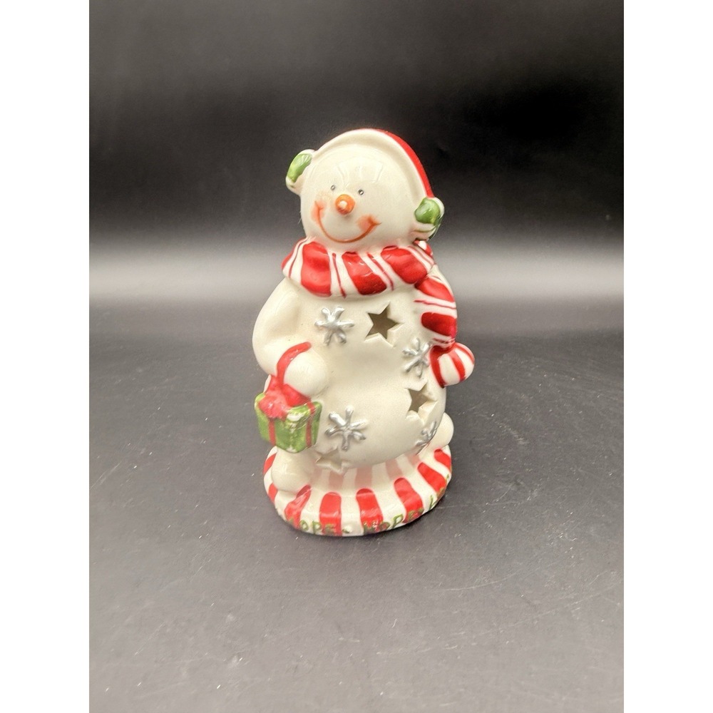 Snowman Tea Light Holder Red & White‎ Candy Cane Arms Carrot Nose Ceramic Glazed